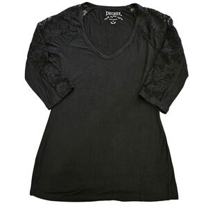 Decree Womens Black V-Neck Top 3/4 Lace Sleeve Rayon Blend Size Medium